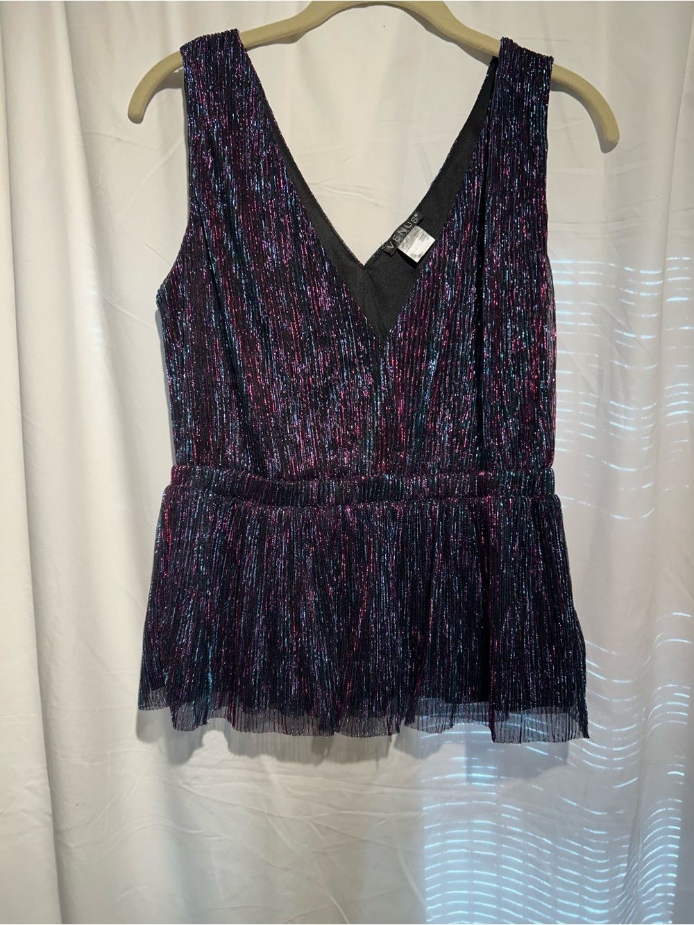 Venus Sleeveless Glitter Peplum V-Neck Top - Black with Pink & Blue Shimmer